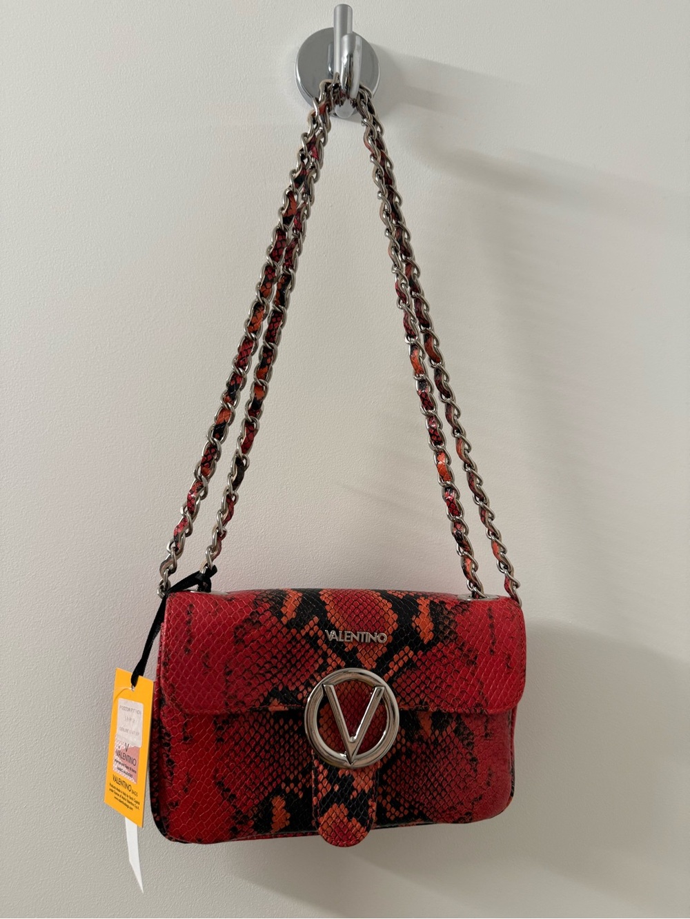 Mario Valentino Red and Black Snake-Print Chain Shoulder Bag